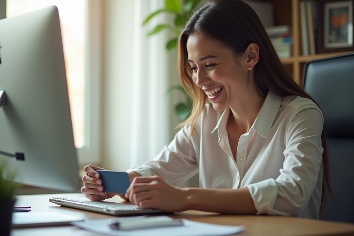 Employe souriant découvrant une carte cadeau à son bureau propre