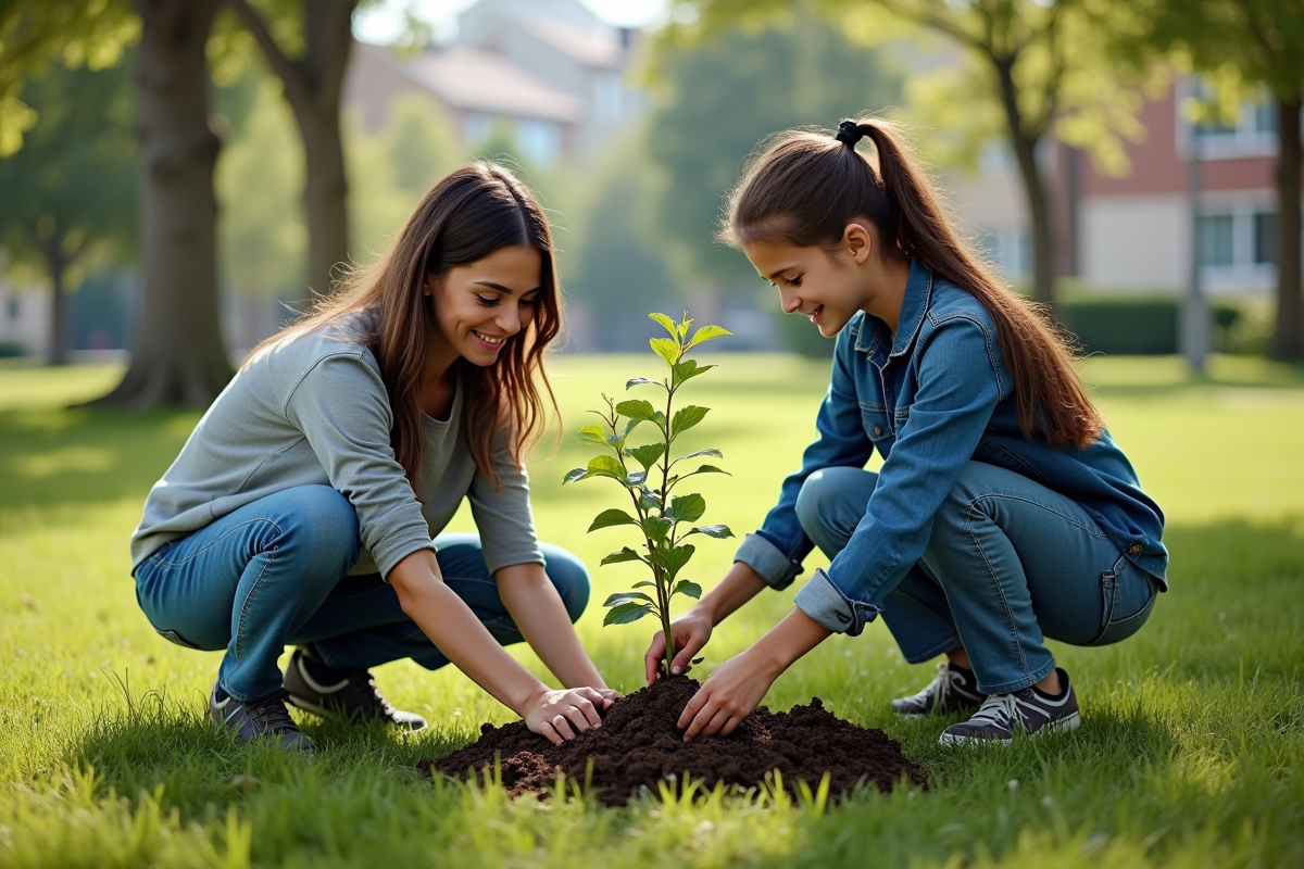 Enfant et adulte plantant un arbre dans un parc communautaire
