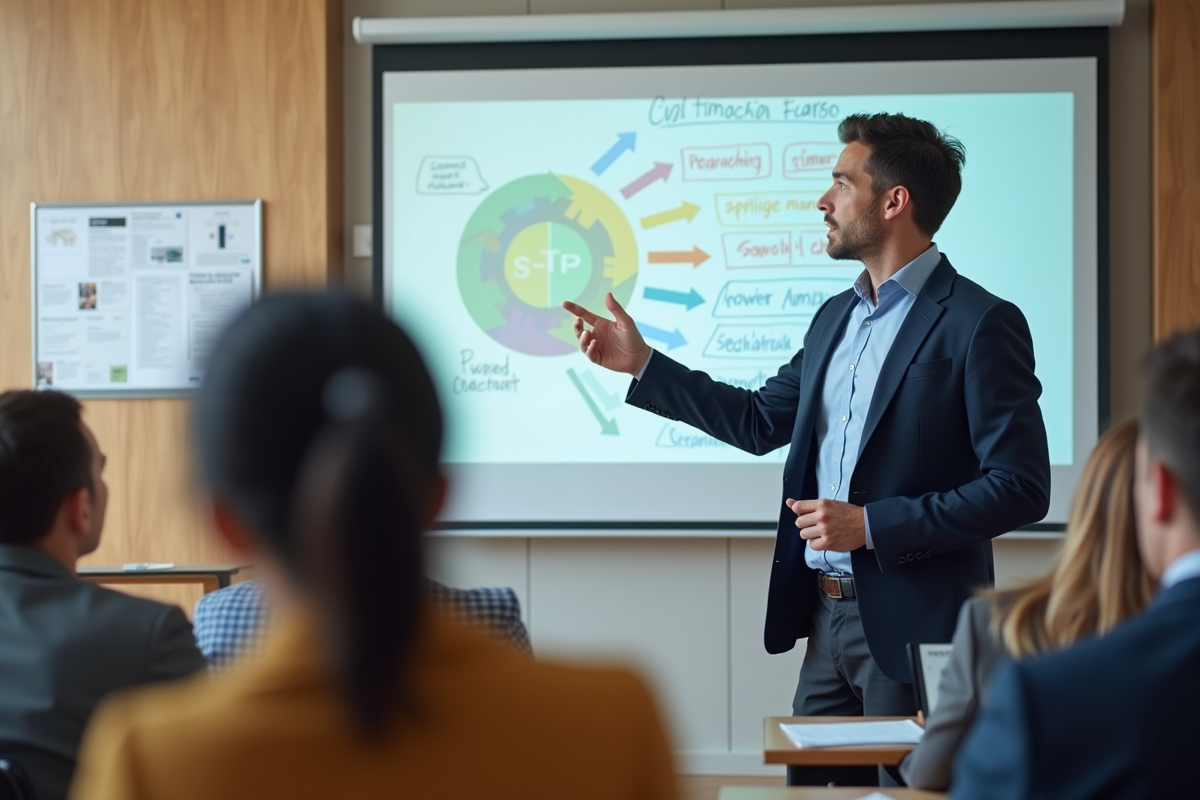 Jeune formateur marketing devant tableau avec flowchart STP
