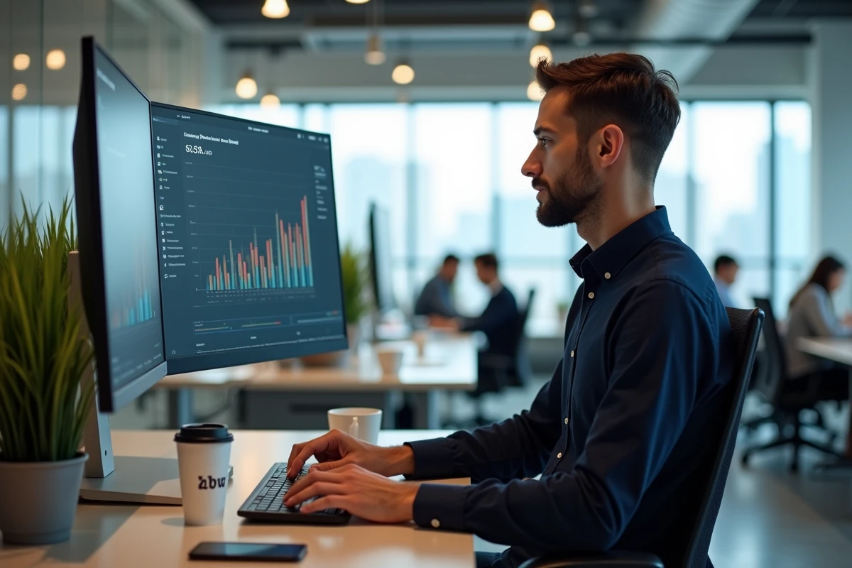 Entrepreneur analysant les courbes de croissance et les revenus de sa startup sur un grand écran dans un bureau moderne