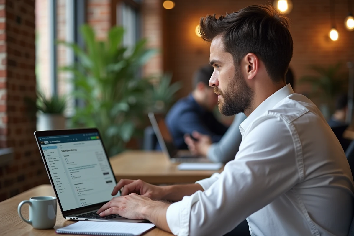 Entrepreneur en train de soumettre un avis sur un service de propriété intellectuelle depuis un espace de coworking