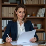Femme entrepreneur consultant des documents administratifs sur le cumul des aides ACRE ARE ARCE à son bureau
