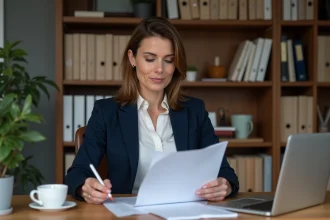 Femme entrepreneur consultant des documents administratifs sur le cumul des aides ACRE ARE ARCE à son bureau