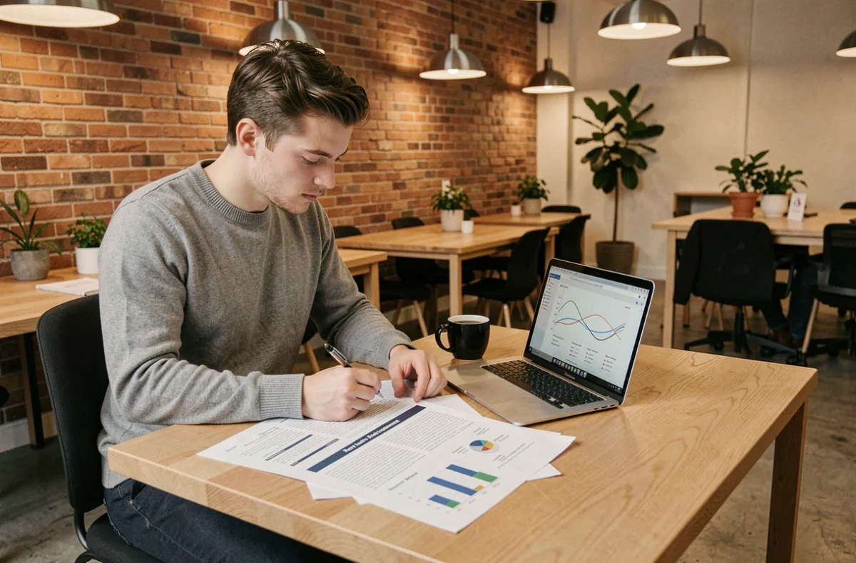 Jeune entrepreneur étudiant une analyse de micro-environnement avec des documents et un ordinateur portable dans un espace de co-working