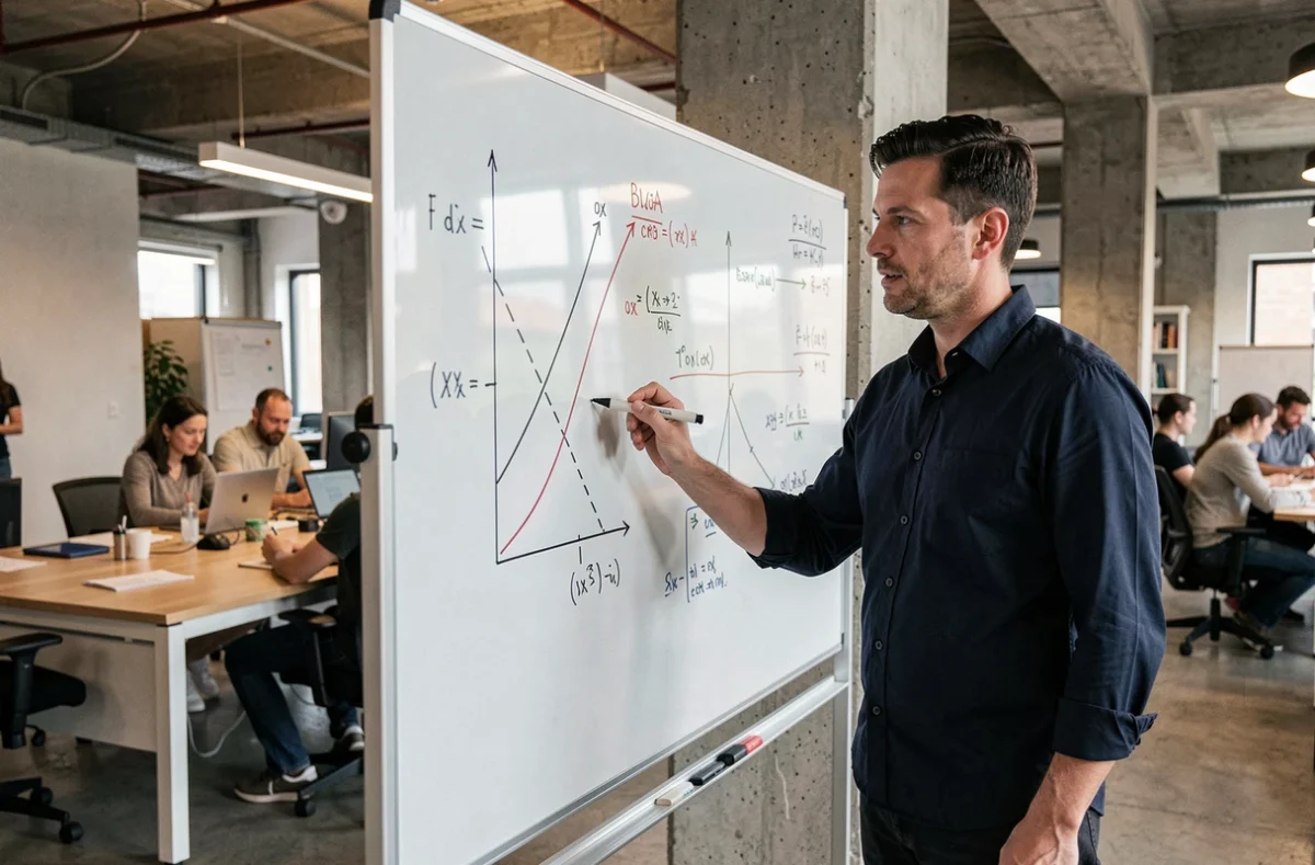 Entrepreneur en chemise marine présentant un graphique de seuil de rentabilité sur tableau blanc dans un bureau moderne