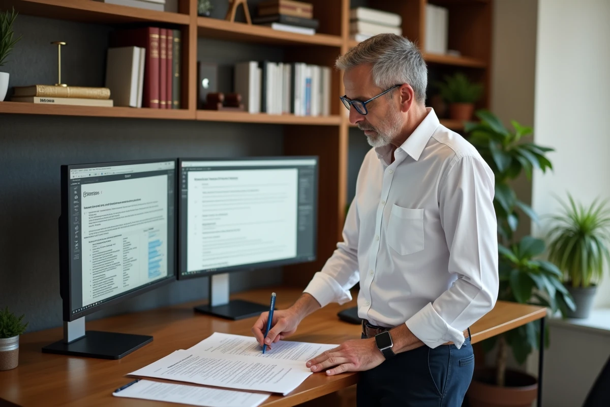Entrepreneur annotant les statuts de son entreprise pour modifier l'objet social dans un bureau à domicile
