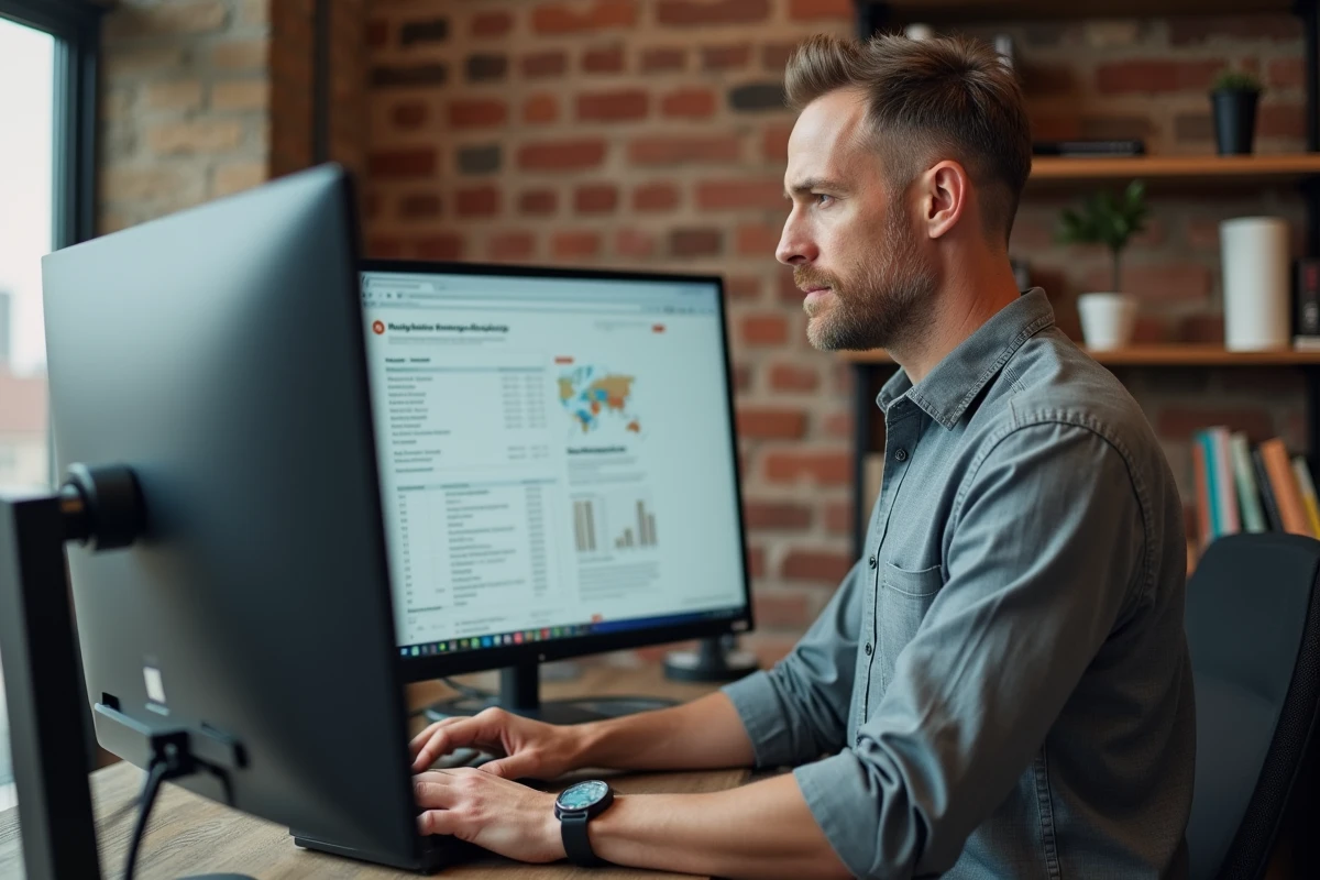 Entrepreneur masculin consultant un site spécialisé B2B sur grand écran dans un bureau de startup