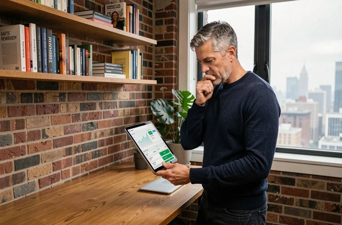 Entrepreneur en télétravail évaluant le coût de sa stratégie marketing IA sur une tablette dans un bureau à domicile