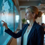 Entrepreneuse analysant une carte interactive des territoires français pour choisir où créer son entreprise en 2026
