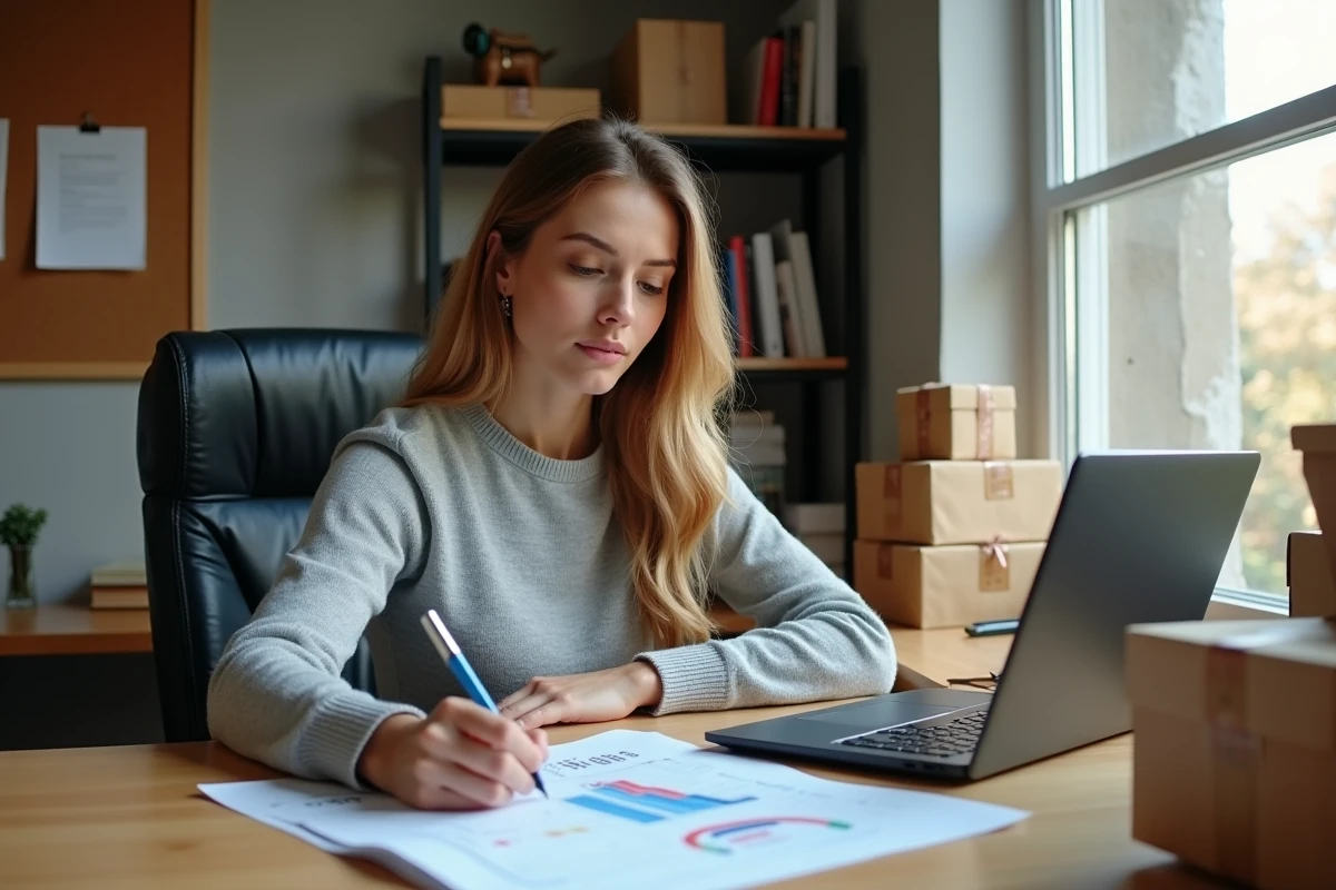 Entrepreneuse comparant les tarifs de transporteurs express sur ordinateur avec des colis prêts à l'expédition sur son bureau