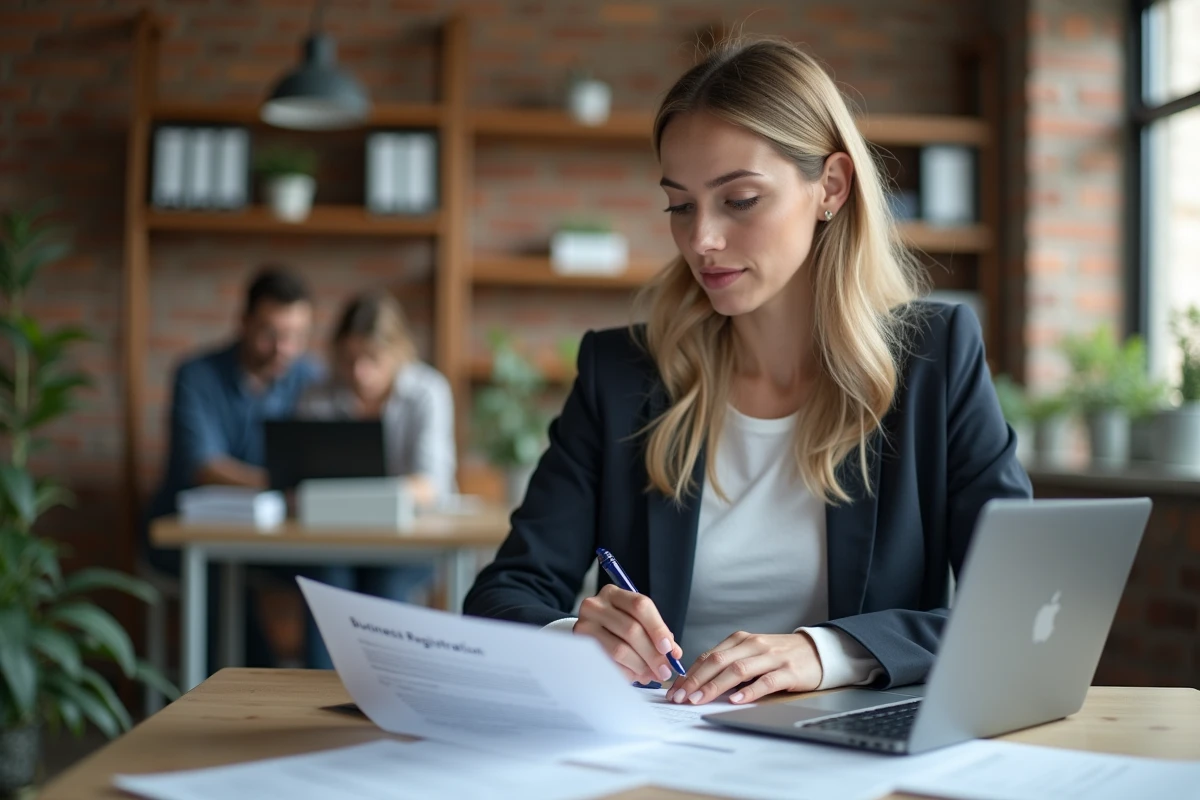 Jeune entrepreneuse travaillant sur les formalités de création et de caractérisation juridique de son entreprise dans un espace de coworking