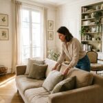 Femme entretenant son intérieur dans un appartement parisien à Boulogne-Billancourt, avec parquet en chevrons et décoration soignée