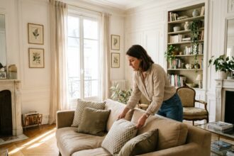 Femme entretenant son intérieur dans un appartement parisien à Boulogne-Billancourt, avec parquet en chevrons et décoration soignée
