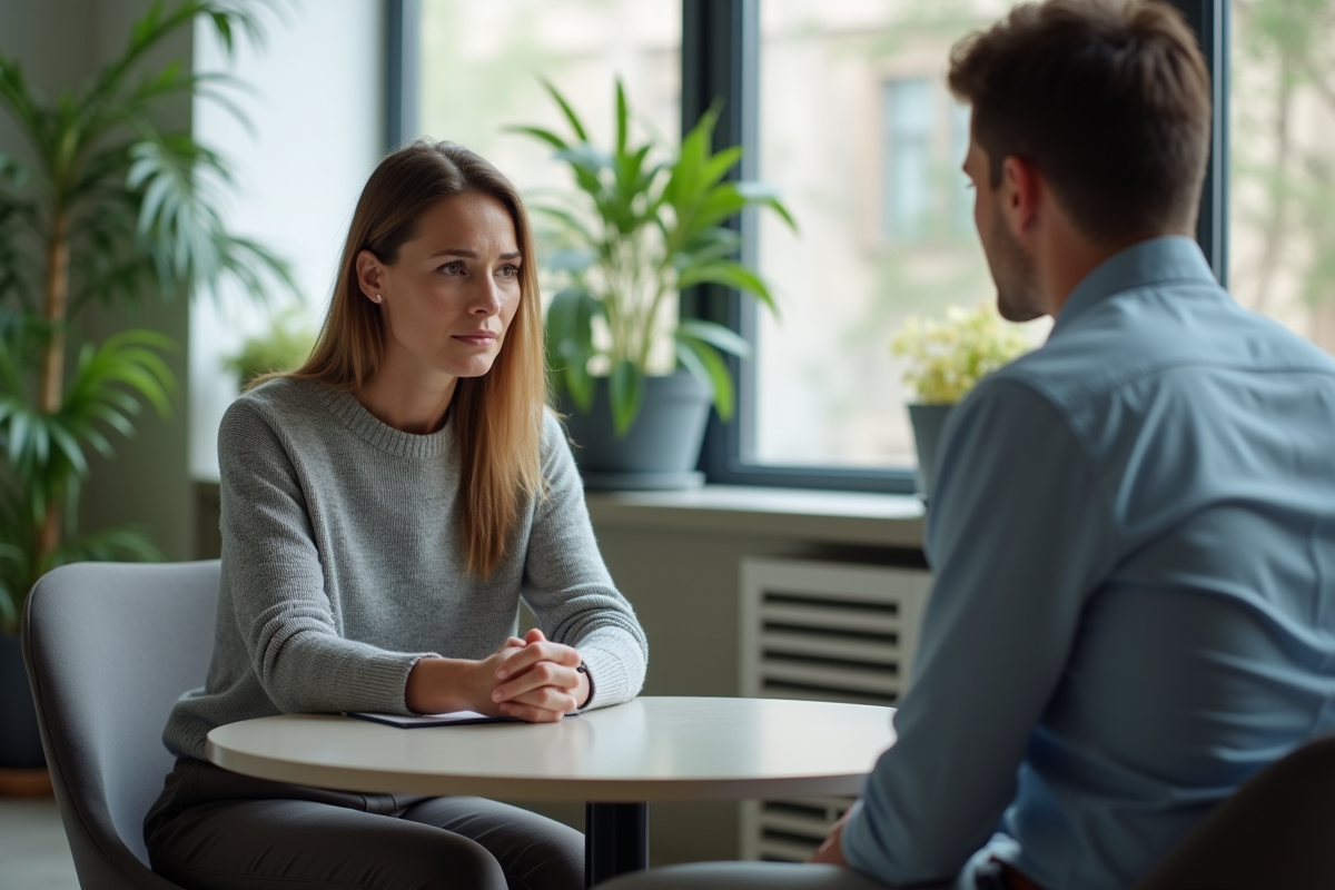 Femme HR écoute un jeune employé dans une salle de pause