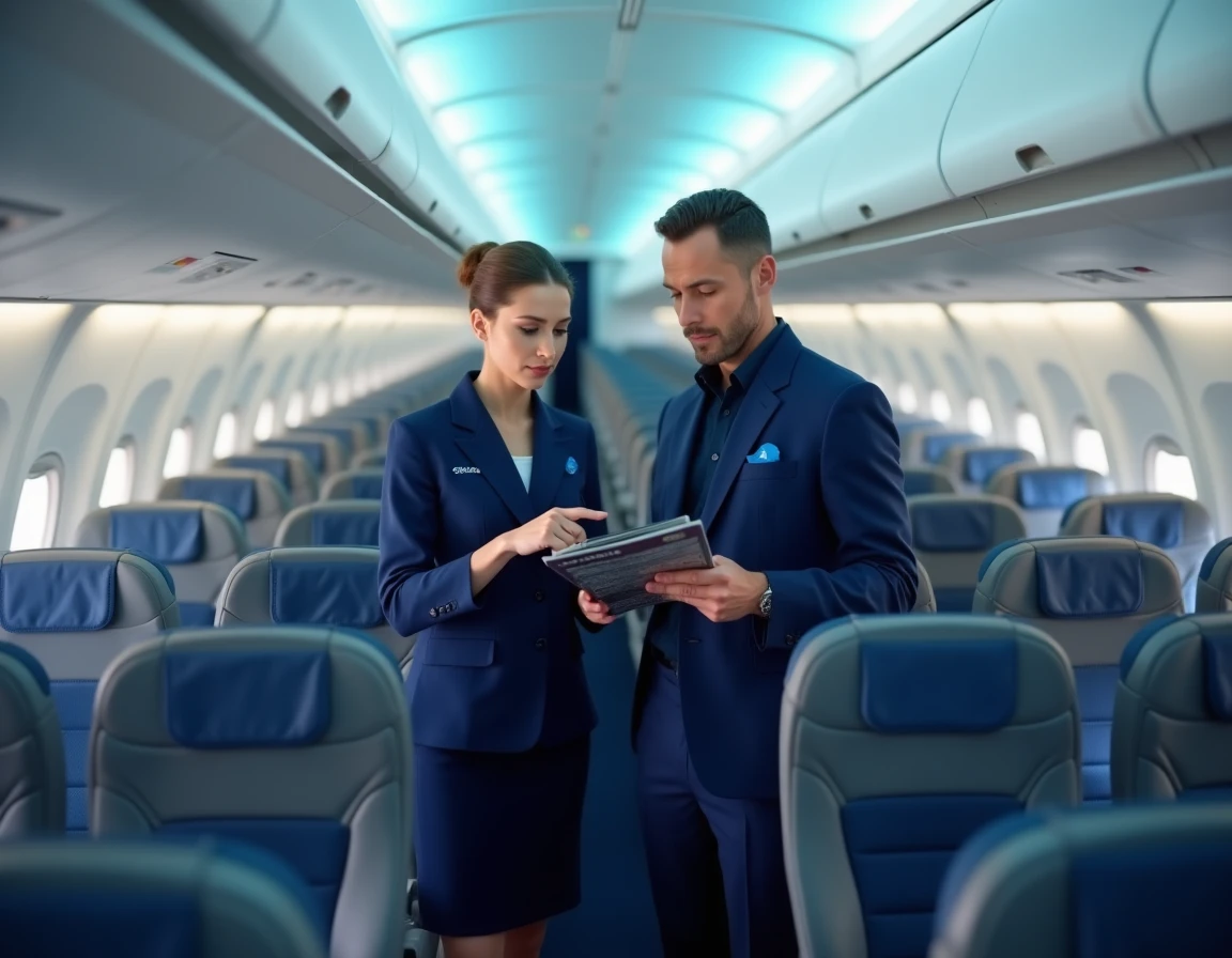 Deux membres du personnel navigant Air France effectuant une vérification pré-vol dans la cabine d'un avion avec le manuel intralignes