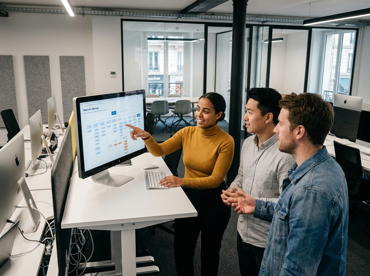 Équipe d'une agence web parisienne collaborant sur la conception d'un site internet autour d'un écran présentant une architecture de site