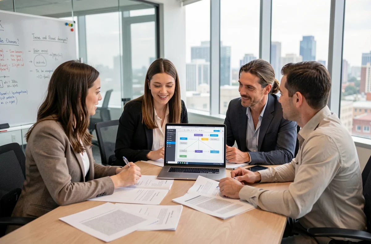 Équipe de professionnels analysant une plateforme de gestion collaborative lors d'une réunion en salle de conférence
