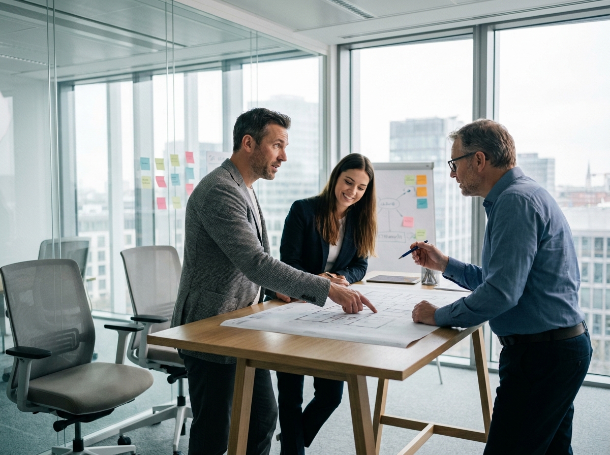Équipe de professionnels collaborant autour d'une table dans une salle de réunion moderne avec vue sur la ville, symbole d'un environnement de travail productif