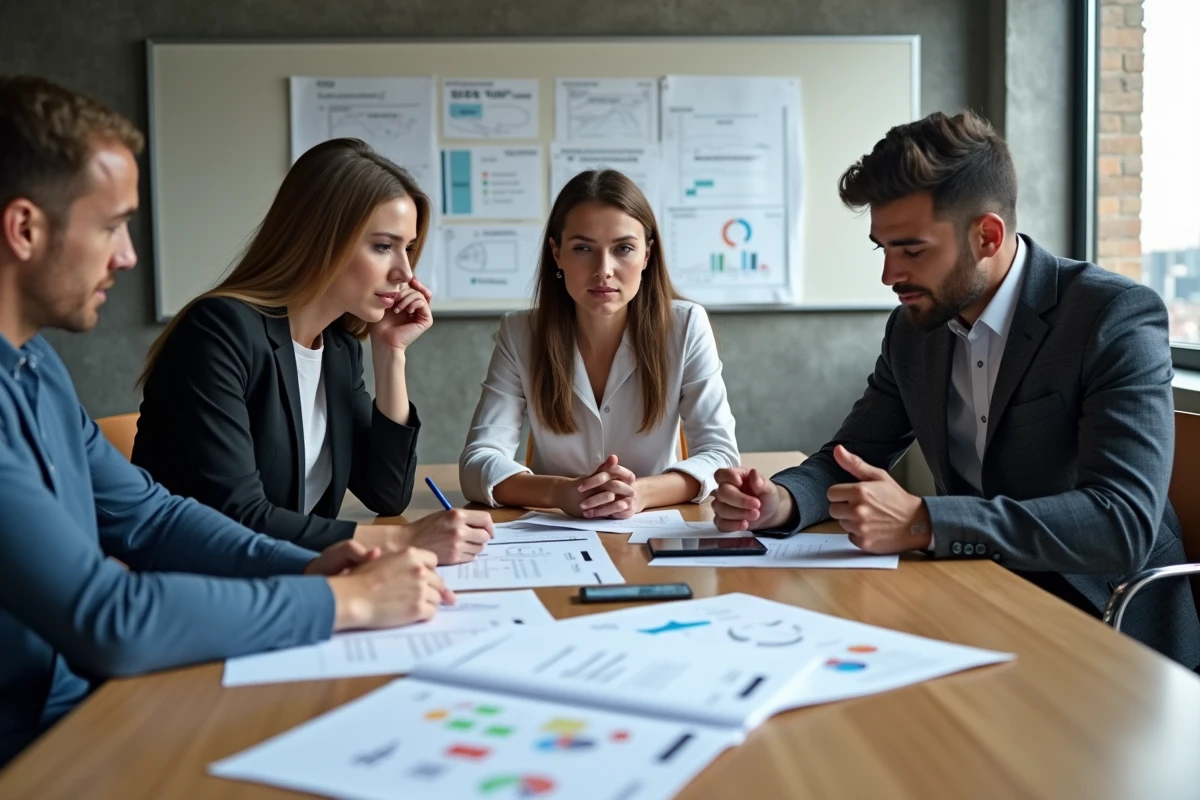 Groupe de trois professionnels discutant autour d