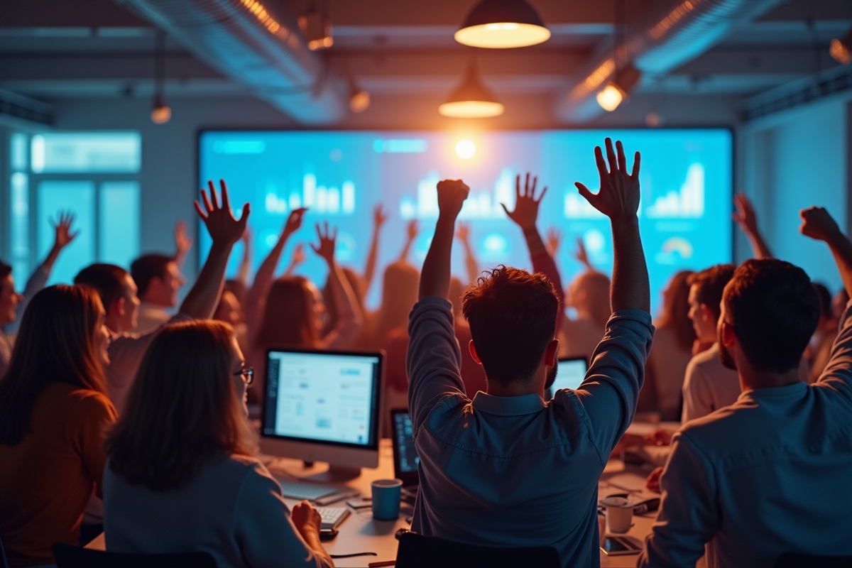 Groupe de professionnels créatifs célébrant en espace lumineux