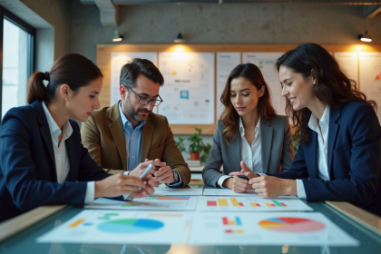 Equipe marketing diverse en réunion avec graphiques