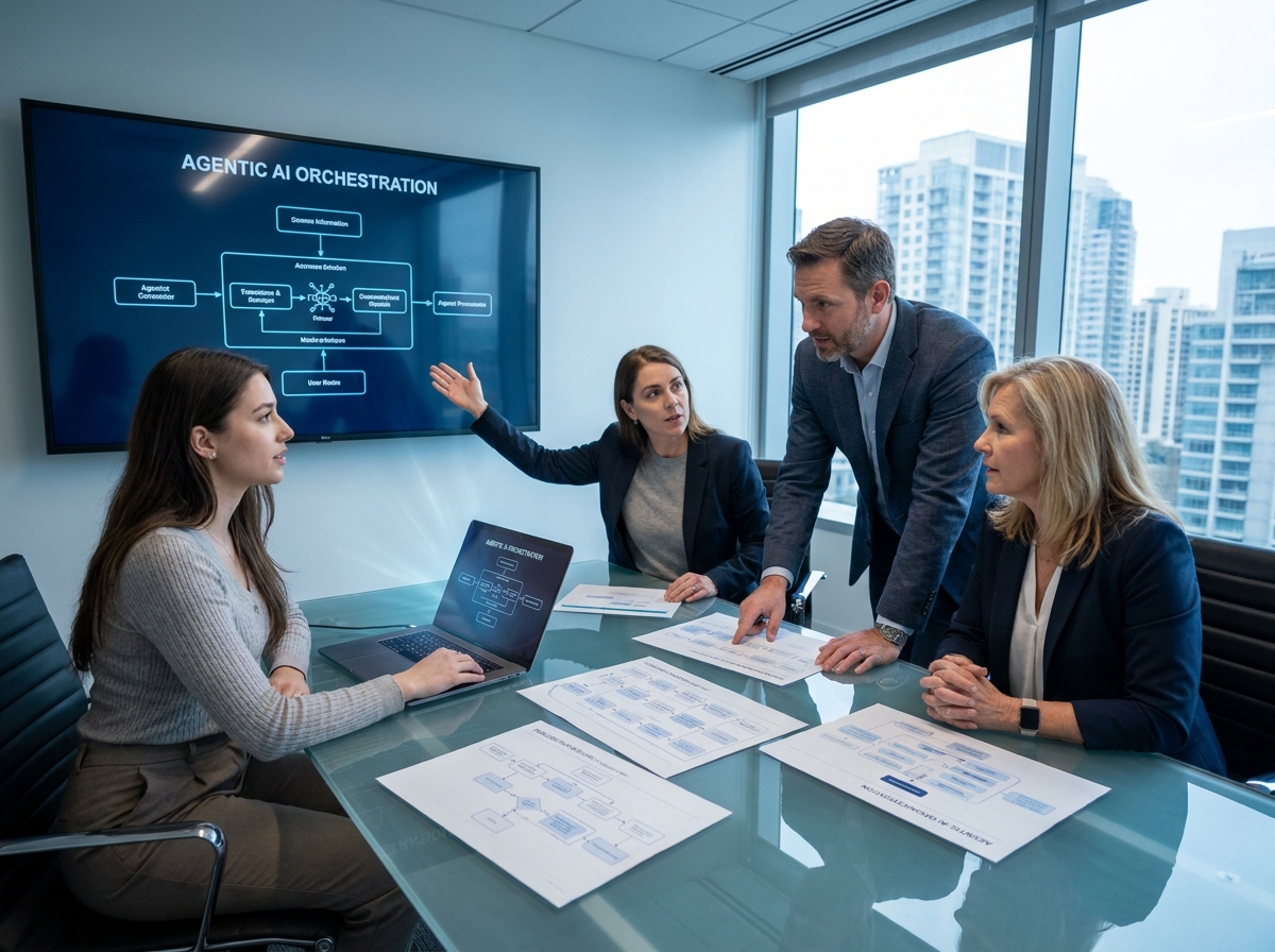 Équipe de professionnels en réunion autour d'un diagramme d'orchestration IA projeté — modélisation des processus métier et intelligence artificielle agentique