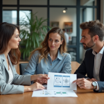 Trois professionnels discutent autour d'une diagramme STP en réunion