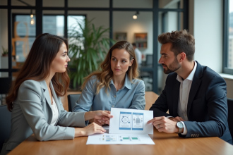 Trois professionnels discutent autour d'une diagramme STP en réunion