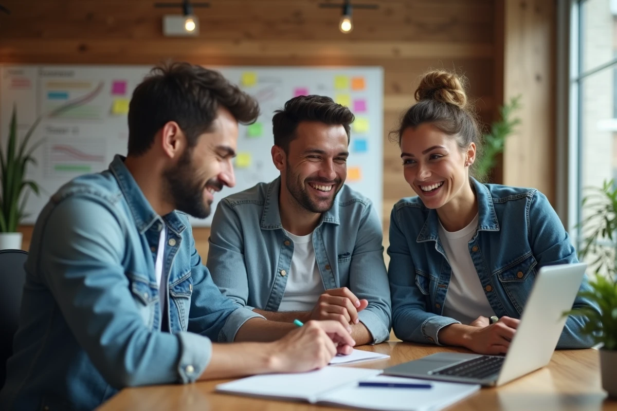 Groupe de trois personnes analysant une vidéo dans un espace de coworking