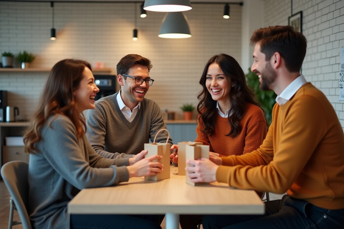 Équipe de salariés recevant des cadeaux d'entreprise dans la salle de pause d'une petite entreprise