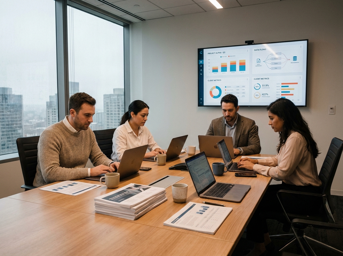 Équipe de professionnels travaillant en silos autour d'une table de réunion avec des projets IA non coordonnés