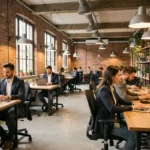 Espace de coworking moderne dans un bâtiment industriel rénové à Cholet avec des travailleurs indépendants à leurs bureaux