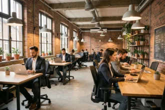Espace de coworking moderne dans un bâtiment industriel rénové à Cholet avec des travailleurs indépendants à leurs bureaux