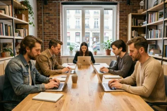 Groupe de professionnels travaillant ensemble dans un espace de coworking moderne à Schiltigheim