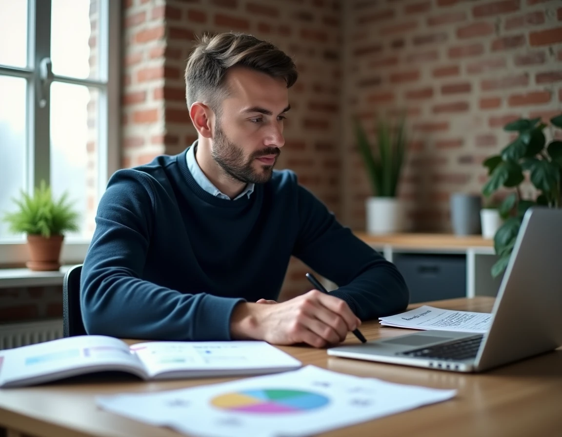 Homme étudiant les 4 P du marketing mix à son bureau avec des livres et un ordinateur portable affichant un tableau stratégique