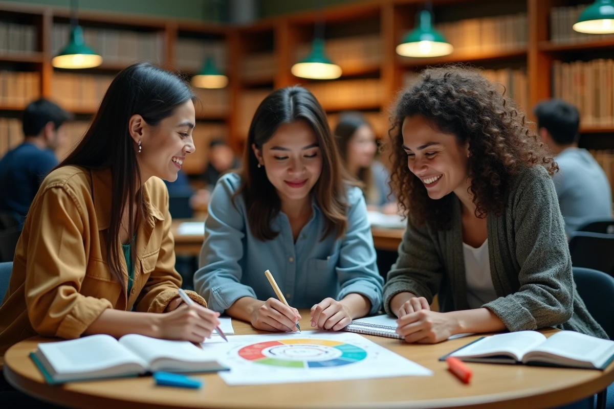 Groupe d'étudiants en marketing collaborant autour d'une affiche des 10P du marketing mix dans une bibliothèque universitaire