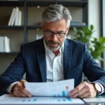 Homme d'affaires en costume à Paris lit un rapport analytique