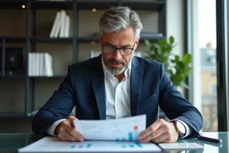 Homme d'affaires en costume à Paris lit un rapport analytique