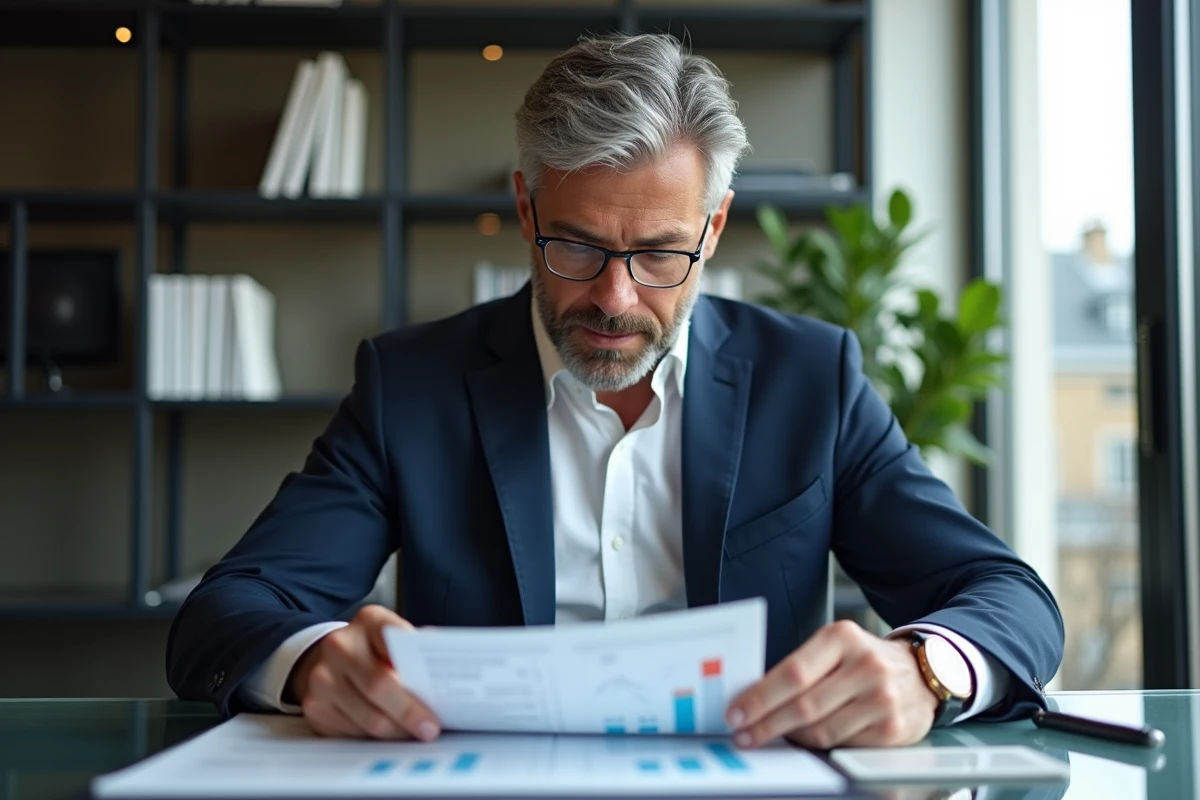 Homme d'affaires en costume à Paris lit un rapport analytique