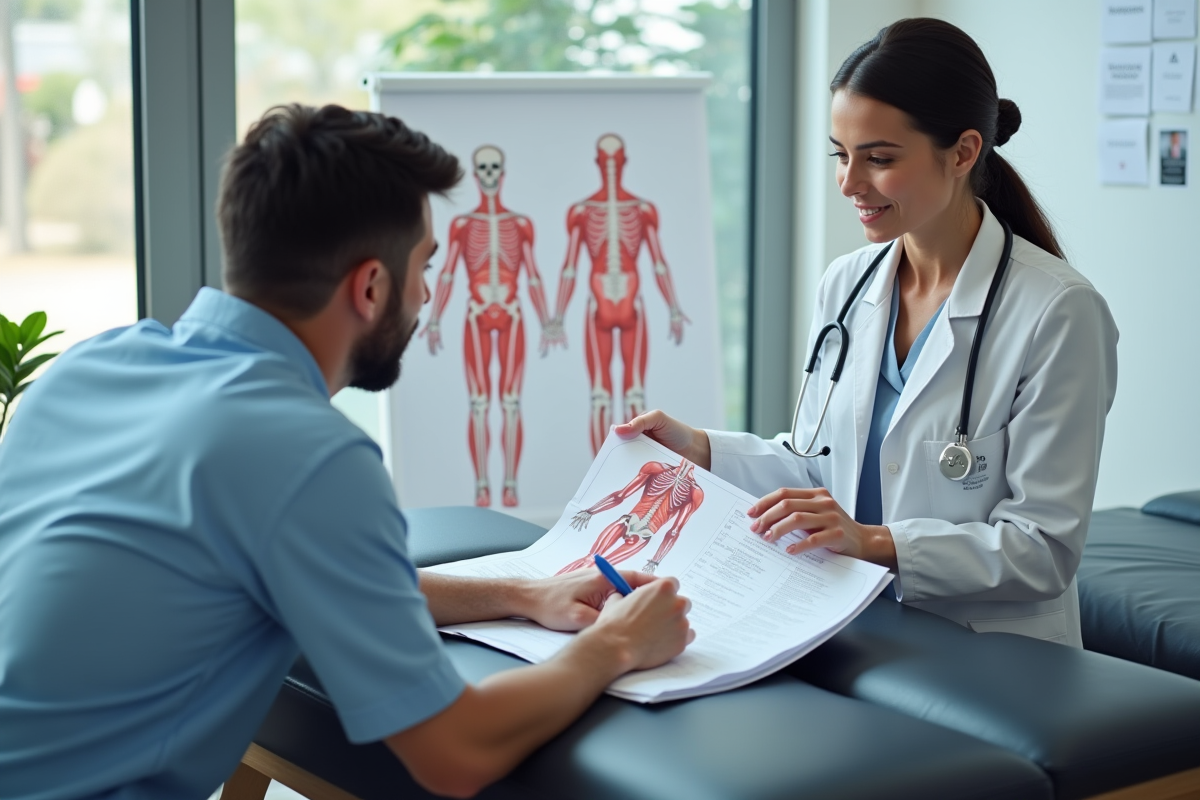 Thérapeute expliquant un schéma musculaire à un patient assis