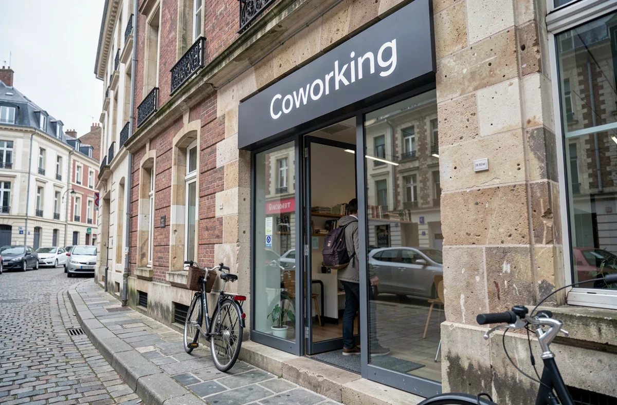 Façade extérieure d'un espace de coworking en centre-ville de Cholet avec entrée vitrée et signalétique moderne