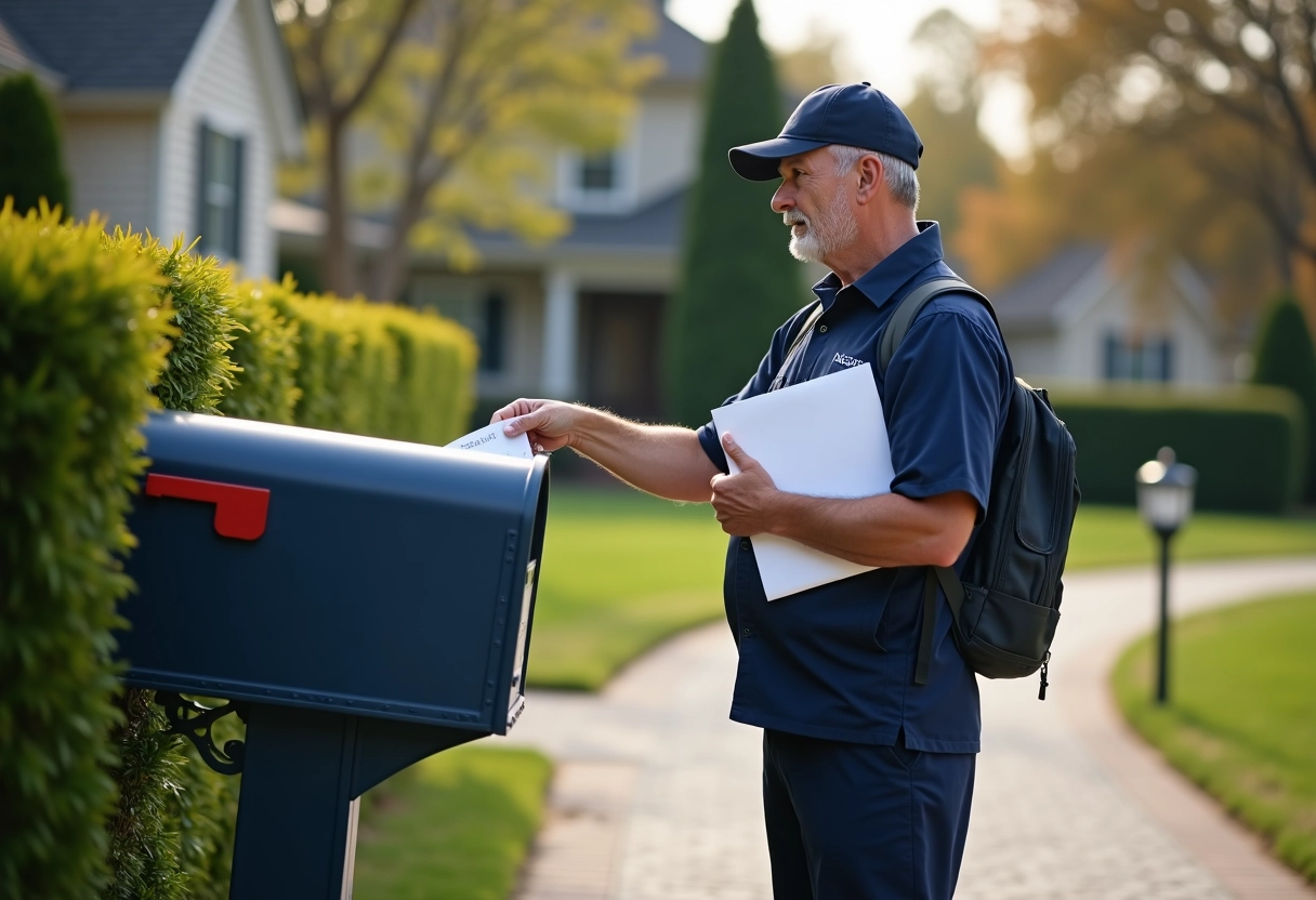 Facteur livrant du courrier dans un quartier résidentiel