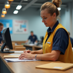 Factrice en uniforme triant du courrier dans un bureau moderne