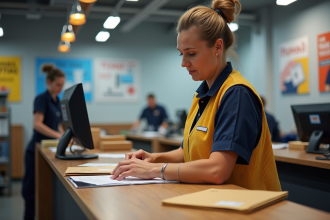 Factrice en uniforme triant du courrier dans un bureau moderne