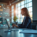 Femme d'affaires analysant des données marketing dans un bureau moderne