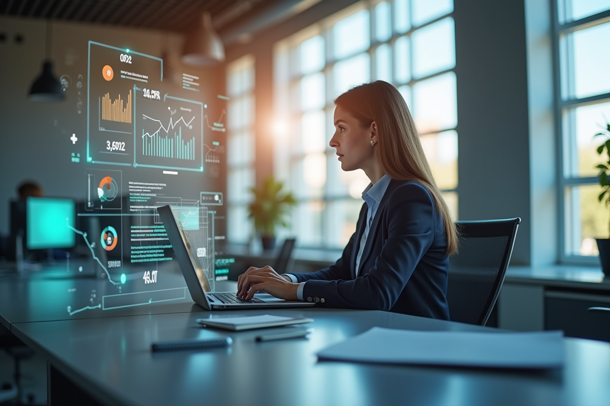 Femme d'affaires analysant des données marketing dans un bureau moderne
