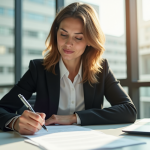Femme d'affaires réfléchie à son bureau avec documents