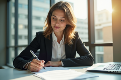 Femme d'affaires réfléchie à son bureau avec documents