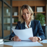 Femme d'affaires en costume bleu dans un bureau moderne