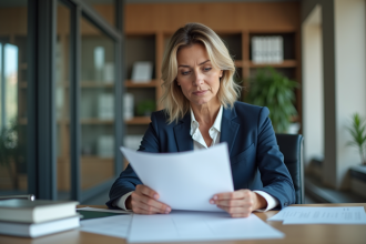 Femme d'affaires en costume bleu dans un bureau moderne